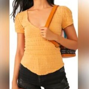 Free People Yellow Smocked V-Neck Top Size Medium